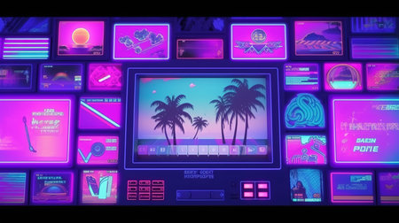 Futuristic screen in the form of a hologram with palm trees.の素材