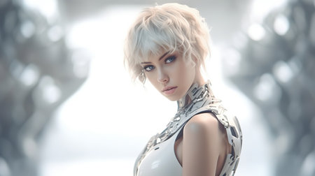 3D Illustration of a beautiful girl in a futuristic costume.の素材