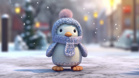 3d rendering of a cute cartoon penguin in a winter cityの素材