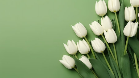 White tulips on green background, top view. Space for textの素材