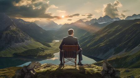 Man sitting on a chair and looking at the mountain lake. 3d renderingの素材