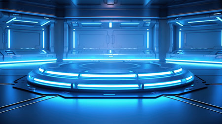 blue futuristic space station corridor with glowing lights 3d rendering image backgroundの素材