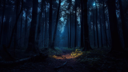 Mysterious dark forest at night with bright light on the pathの素材