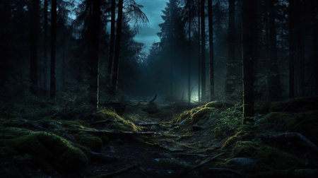 Mysterious dark forest with fog in the night. Mysterious dark forest with fogの素材