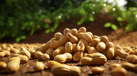 Peanuts on the ground in the garden. Close-up.の素材