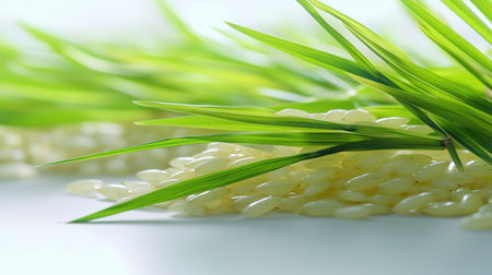 rice grains and green grass on a white background. close-upの素材