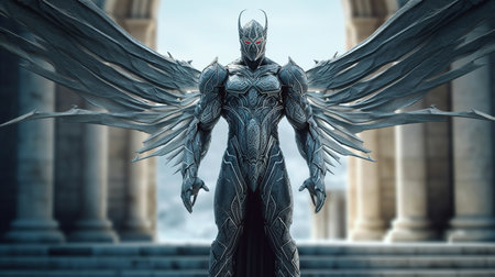 3D Illustration of a fantasy alien warrior with wings and armorの素材