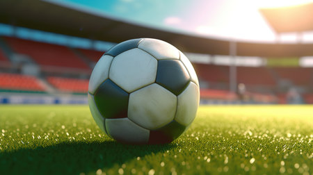 Soccer ball on the green grass of stadium. 3d renderの素材