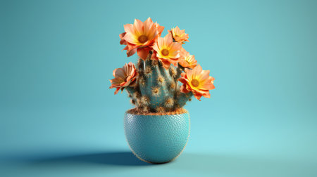 Cactus in pot on blue background. 3d render illustration.の素材