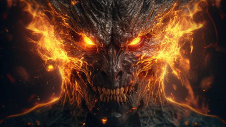 Creepy monster with fire on his face. 3d renderingの素材