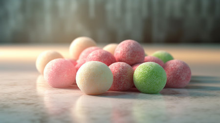 Colorful candies on the table. 3d rendering, 3d illustration.の素材