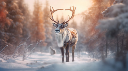 Fantastic winter landscape with a reindeer in the forestの素材