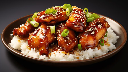 Honey glazed teriyaki chicken with rice on black backgroundの素材