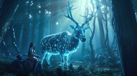 Woman sitting in the dark forest with deer and lights on her backの素材