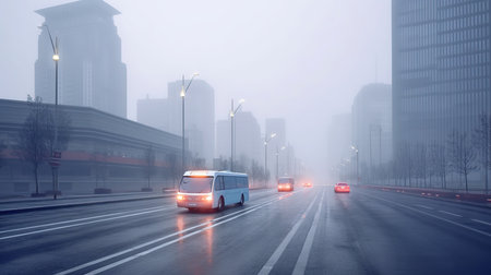 traffic on a foggy city street with cars on the roadの素材