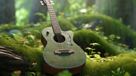 Acoustic guitar in the forest. 3d illustration. Nature background.の素材