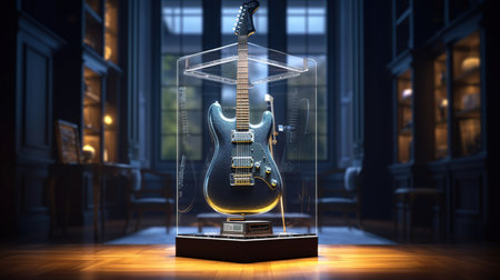 Digital Illustration of an Electric Guitar in a Glass Cube at Nightの素材