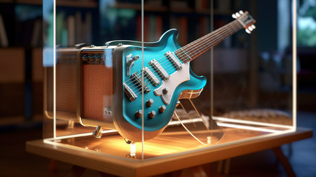 Blue electric guitar on a wooden table in a music studio. 3d renderingの素材