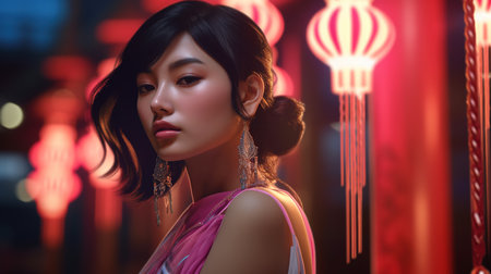 Beautiful asian woman with chinese lanterns in the nightの素材