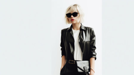 Stylish young woman in leather jacket and sunglasses posing against white wallの素材
