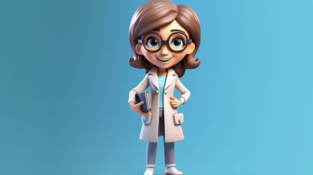 Cartoon character of doctor with book on blue background, 3d illustrationの素材