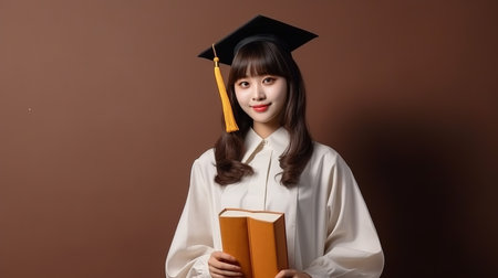 Young asian woman in graduation gown holding book on brown background.の素材