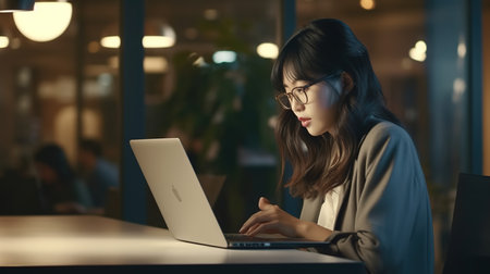 Young asian businesswoman working on laptop computer in office at nightの素材