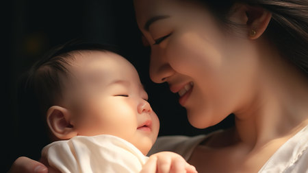 Happy asian mother and her baby in the bedroom at home.の素材