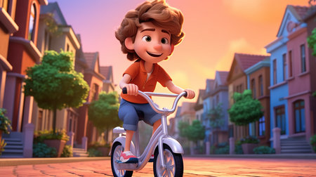 Boy riding a bicycle in the city. 3d render illustration.の素材