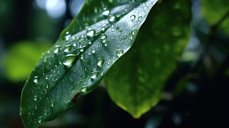 Rain drops on green leaf. Raindrop on green leaf in rain forest.の素材