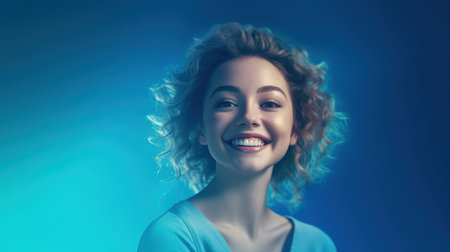 Portrait of beautiful young woman with curly hair on blue background.の素材