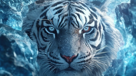 Close-up portrait of a white tiger on ice background. 3d renderingの素材