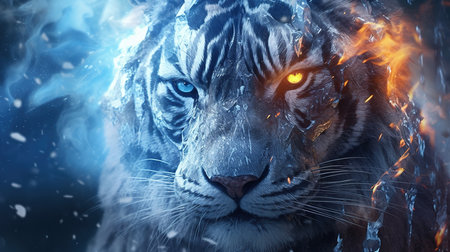 Mysterious tiger in the forest with fire and smoke. 3D renderingの素材