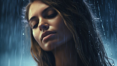 Portrait of a beautiful young woman under the rain. Rainy day.の素材