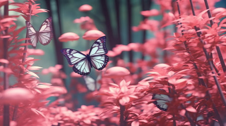 Butterfly on red flowers in the garden with filter effect retro vintage styleの素材