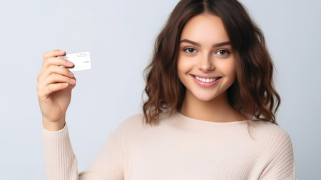 cheerful young woman showing blank credit card, isolated on greyの素材