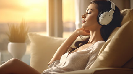 Beautiful young woman with headphones listening to music on sofa at homeの素材