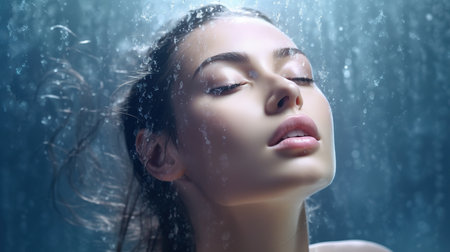 Portrait of a beautiful young woman under the rain. Beauty, fashion.の素材