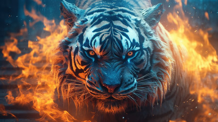Portrait of a tiger in the fire. 3d illustration.の素材