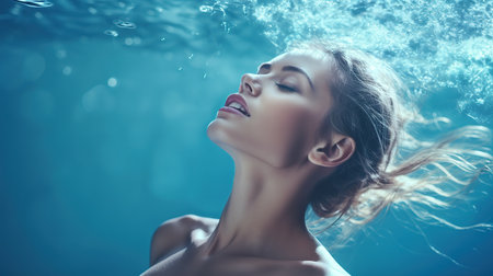 Portrait of beautiful young woman under water. Beauty, fashion.の素材