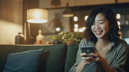 Young asian woman using mobile phone in living room at home.の素材