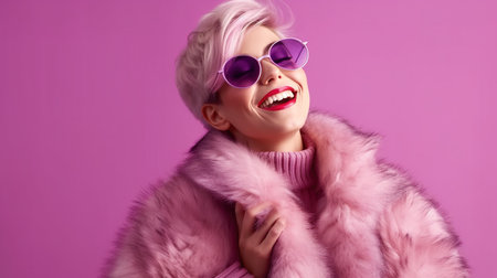 Portrait of a beautiful fashionable woman in pink fur coat and sunglassesの素材