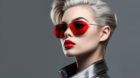 Fashion portrait of beautiful woman with red lips and sunglasses. Beauty, fashion. Optics.の素材