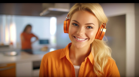 Beautiful young woman in headphones listening to music in kitchen at homeの素材