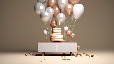 3d rendering of a birthday cake with balloons and confetti.の素材