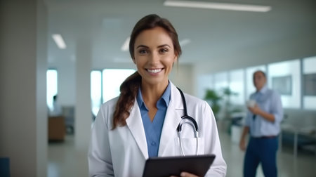 Portrait of smiling female doctor standing in hospital corridor. Portrait of female doctor with stethoscope on her neck. Medicine and healthcare conceptの素材