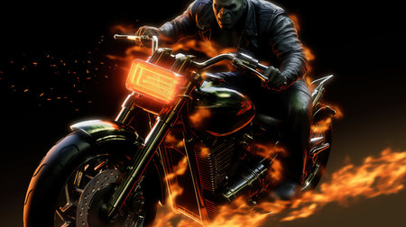 Biker in a leather jacket on a motorcycle in flames on a black backgroundの素材