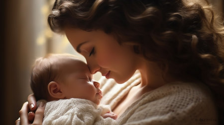 Mother kissing her newborn baby in her arms. Happy family concept.の素材