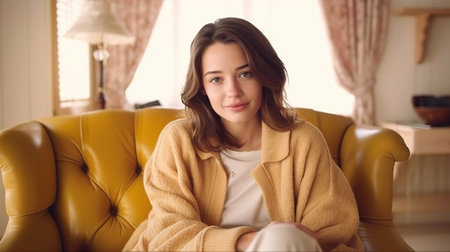 Portrait of beautiful young woman sitting in armchair at home.の素材