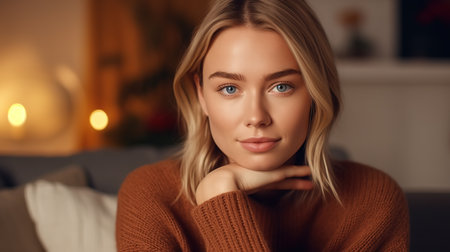 Beautiful young woman in sweater looking at camera while sitting on sofa at homeの素材